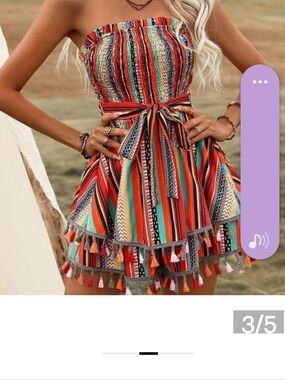 Multicolor Boho Womens Geo Print Tassel Trim Belted Tube Romper